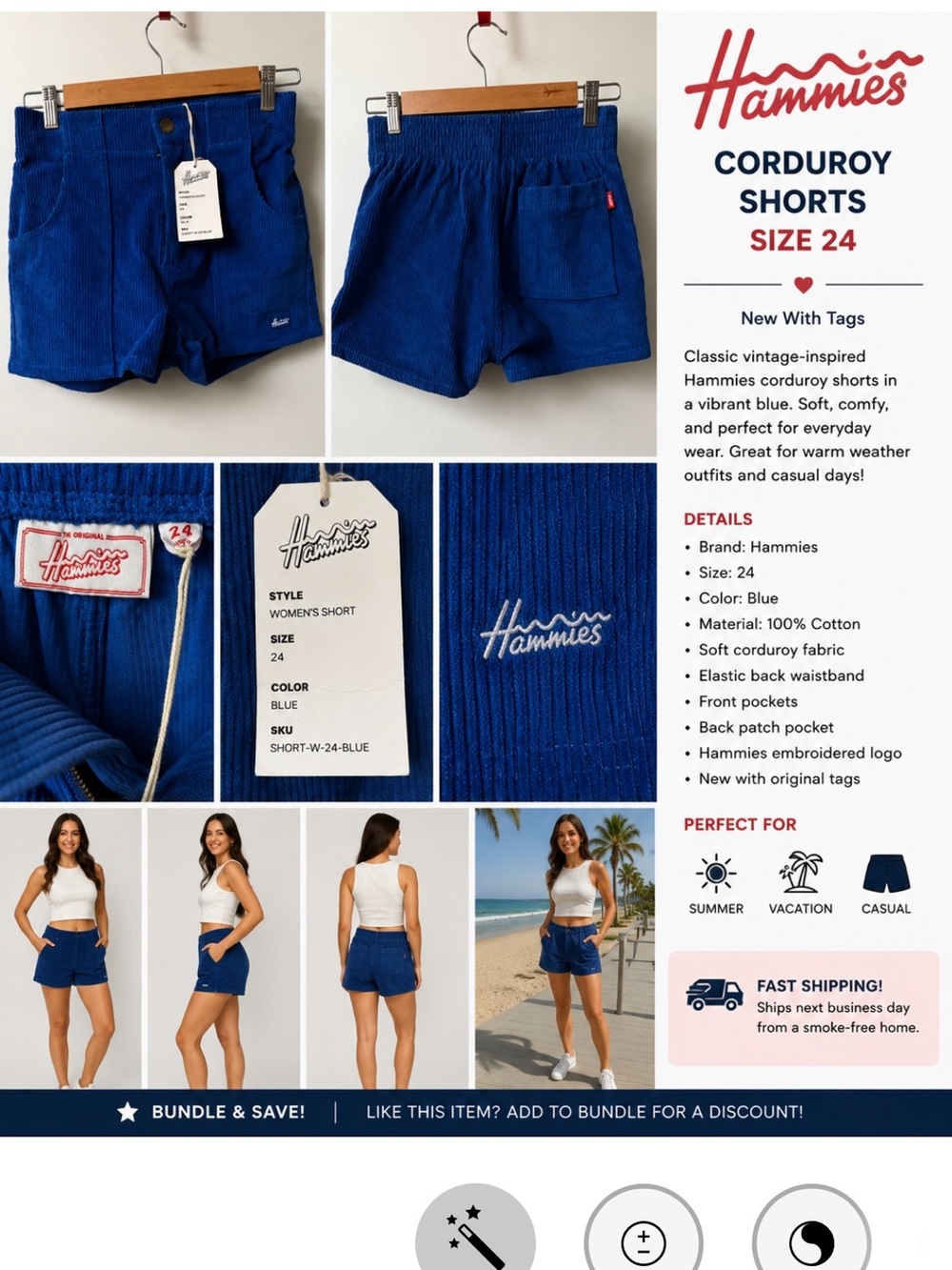 Hammies High-Waist Corduroy Shorts in Blue - Size 24